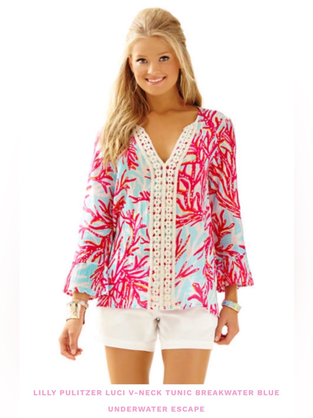 SALE! Lilly Pulitzer Luci Breakwater Blue Pink Coral Print V-Neck Tunic
